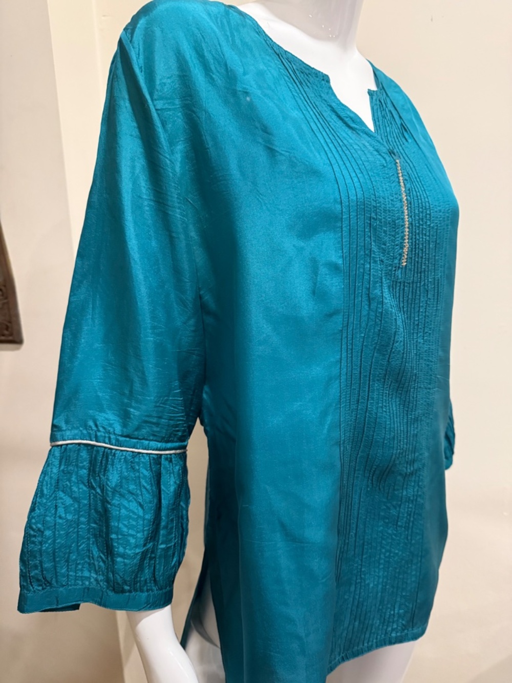 Anokhi India 100% Silk Teal Pintuck Tunic Blouse XL - Picture 3 of 8